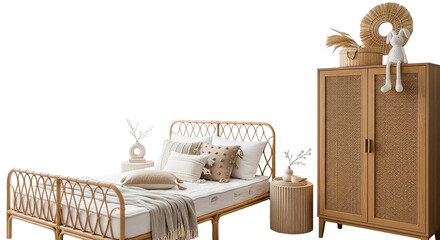 Bedroom interior with rattan furniture
