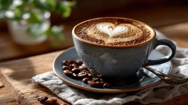 A beautifully crafted latte art design in a warm cream-filled coffee cup, set against a smooth light brown background. 