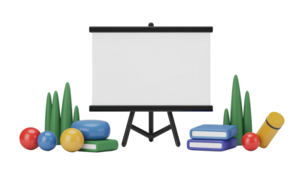 3D presentation screen on a stand, surrounded by colorful spheres, stacked books, and abstract green elements. Great for learning and office themes. background removed