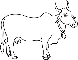 Simple line drawing of a zebu cow with horns and bell