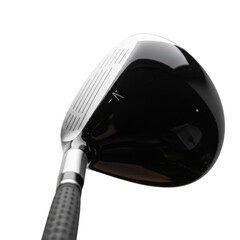 A close up view of a golf club with a black head and silver face against a transparent background studio shot