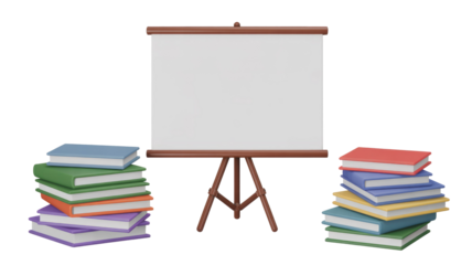A 3D rendering of a presentation whiteboard on an easel, flanked by two colorful stacks of educational books for learning. background removed