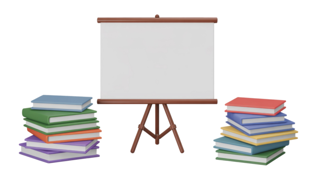 A 3D rendering of a presentation whiteboard on an easel, flanked by two colorful stacks of educational books for learning. background removed - Powered by Adobe