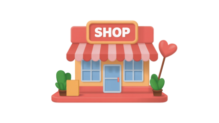 A vibrant 3D cartoon shop illustration with a red and white striped awning, "SHOP" sign, potted plants, and a heart lollipop. background removed