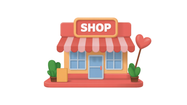 A vibrant 3D cartoon shop illustration with a red and white striped awning, "SHOP" sign, potted plants, and a heart lollipop. background removed - Powered by Adobe
