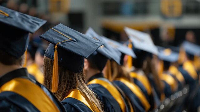 University graduates celebrating their success during the graduation ceremony in a large auditorium filled with excitement and pride