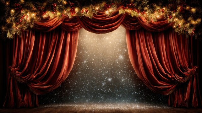 red velvet curtain framing empty stage, golden garland lights above, sparkling confetti on floor, soft spotlight haze, ornate proscenium arch, moody cinematic