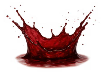 Red liquid splash creating a crown shape, fresh juice or wine splashing with droplets on transparent background