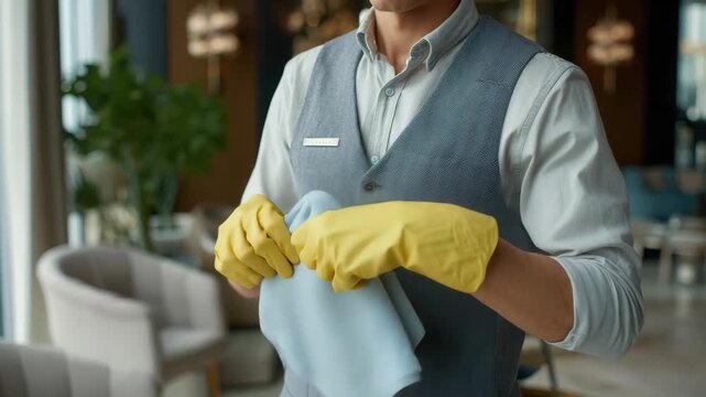 Hotel cleaning staff member prepares for service with cleaning cloth and gloves in a modern dining area during daylight hours