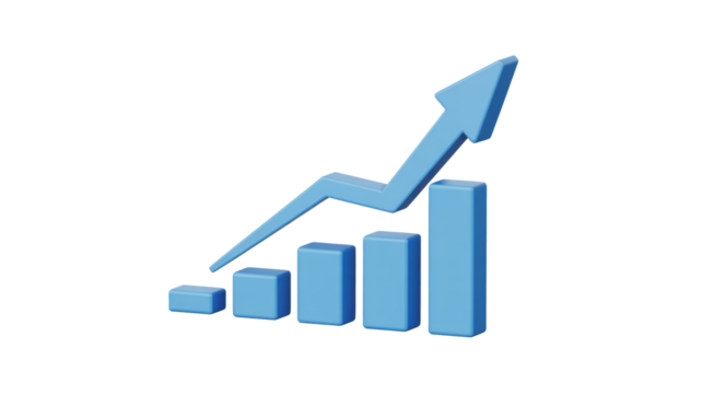 A 3D render of a blue bar chart showing increasing data with an upward-pointing arrow, symbolizing growth and positive trends. background removed - Powered by Adobe