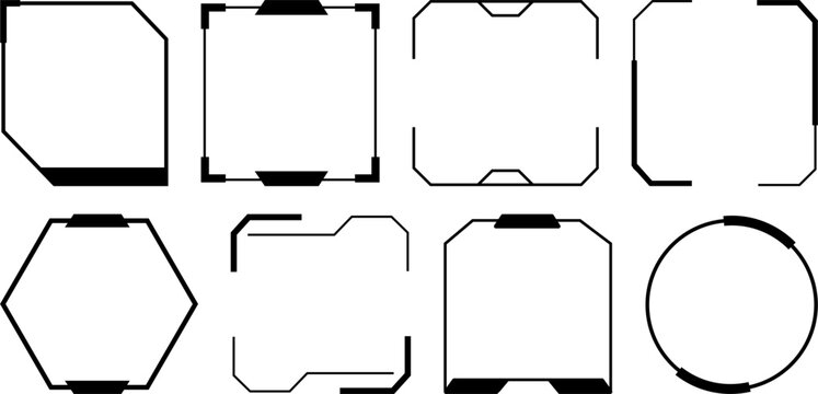 Minimal futuristic frame shapes and geometric border elements designed as clean vector outlines for modern UI layouts, tech interfaces, and creative graphic projects.