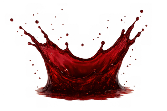 Red beverage liquid splash creating a crown shape with droplets flying, isolated on transparent background