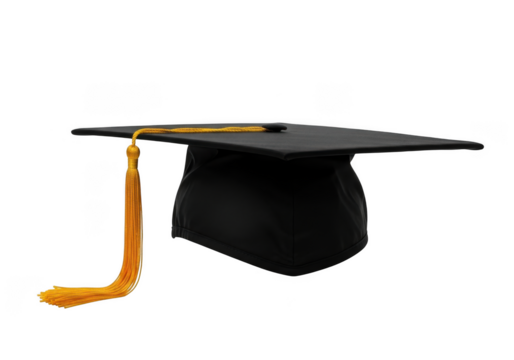 A classic black graduation cap with a vibrant golden tassel is presented as a solitary academic symbol isolated on transparent background