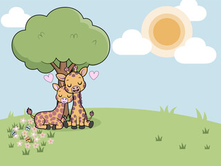 A cute cartoon pair of baby giraffes sitting lovingly under a tree, surrounded by hearts, flowers, and butterflies. Perfect for nursery art or romantic, valentine's themes.