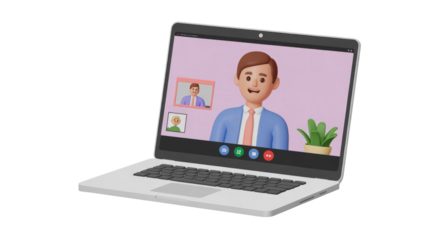 A 3D animated laptop displays a video conference with a cheerful businessman, two participants, and a plant, illustrating remote collaboration. background removed