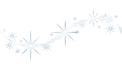 A graceful, curving light trail with numerous bright starbursts and sparkling effects, creating a magical or festive design element. background removed