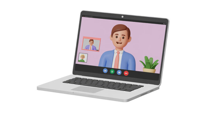 A 3D animated laptop displays a video conference with a cheerful businessman, two participants, and a plant, illustrating remote collaboration. background removed