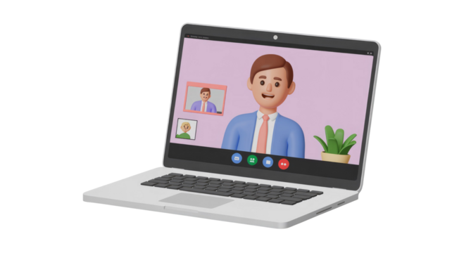A 3D animated laptop displays a video conference with a cheerful businessman, two participants, and a plant, illustrating remote collaboration. background removed