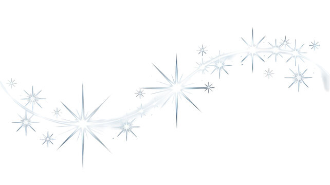 A graceful, curving light trail with numerous bright starbursts and sparkling effects, creating a magical or festive design element. background removed