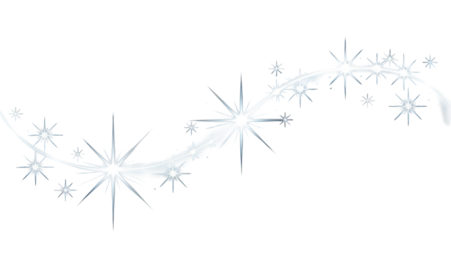 A graceful, curving light trail with numerous bright starbursts and sparkling effects, creating a magical or festive design element. background removed