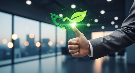 Businessman giving thumbs up with green eco handshake symbol and glowing particles image