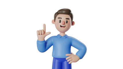 A cheerful 3D cartoon man in blue, smiling with an idea, pointing his finger up, and hand on hip. background removed