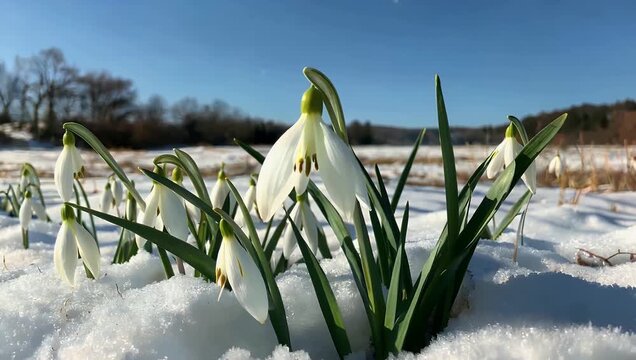 A serene high quality 4K stock video capturing the sight of the first spring flowers known as snowdrops showing the early spring white blooming folded Snowdrop Galanthus plicatus on a beautiful sunny