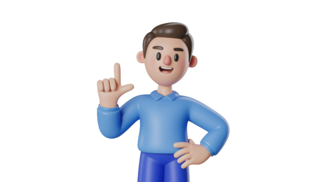A cheerful 3D cartoon man in blue, smiling with an idea, pointing his finger up, and hand on hip. background removed