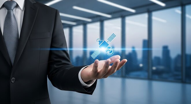 Businessman holding a glowing blue satellite icon in a modern office technology communication