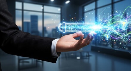 Businessman holding glowing digital network with lightbulbs in office hand