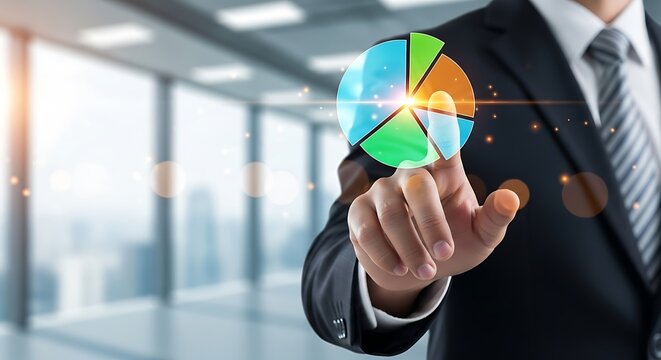 Businessman touching colorful pie chart interface in modern office hand graph