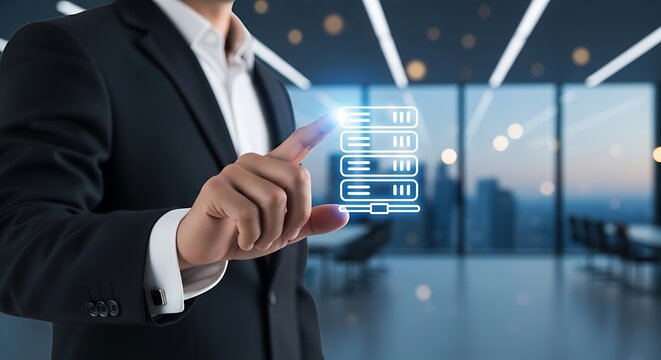 Businessman touches glowing server rack icon in modern office with city view hand touching