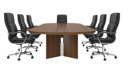 A modern, oval dark wood conference table with nine black leather office chairs featuring chrome bases and arms, set against a solid transparent background. background removed