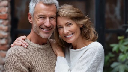 Happy senior couple embracing warmly in a cozy indoor setting during afternoon light, celebrating love and togetherness with joyful smiles on their faces - Powered by Adobe