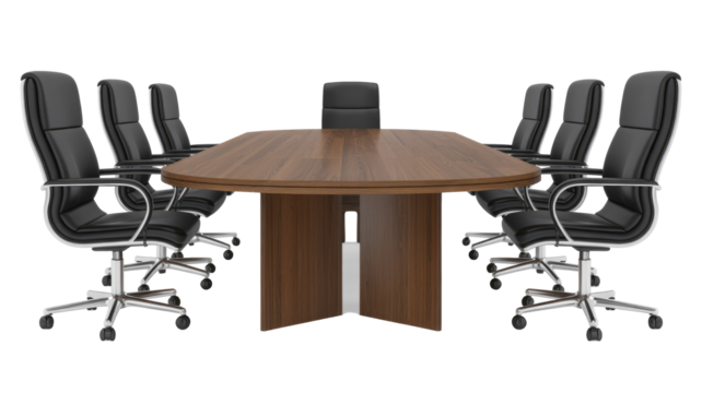A modern, oval dark wood conference table with nine black leather office chairs featuring chrome bases and arms, set against a solid transparent background. background removed