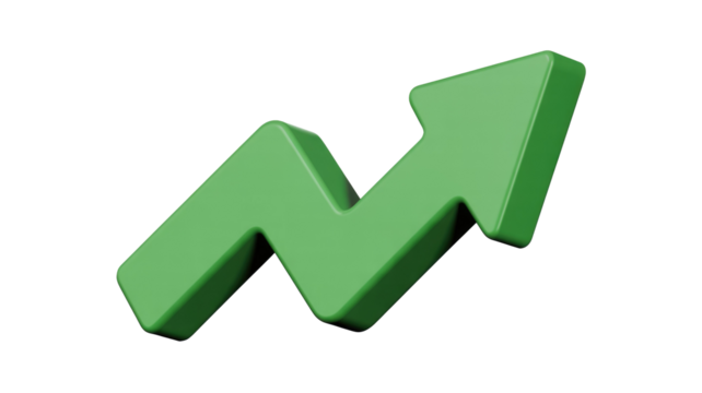 A vibrant 3D green arrow depicts a fluctuating upward trend, symbolizing growth, progress, success, and positive movement in business or finance. background removed