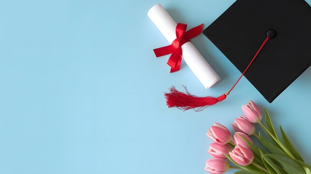 Graduation cap with red tassel, diploma scroll and bouquet of pink tulips on pastel background symbolizing academic achievement and celebration