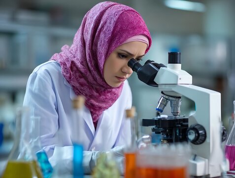 female scientist wearing hijab working in laboratory with microscope and chemical samples