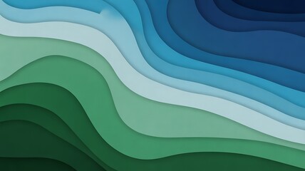 Modern abstract background with vibrant layered paper cut waves in calming green and blue tones, perfect for contemporary designs and artistic projects