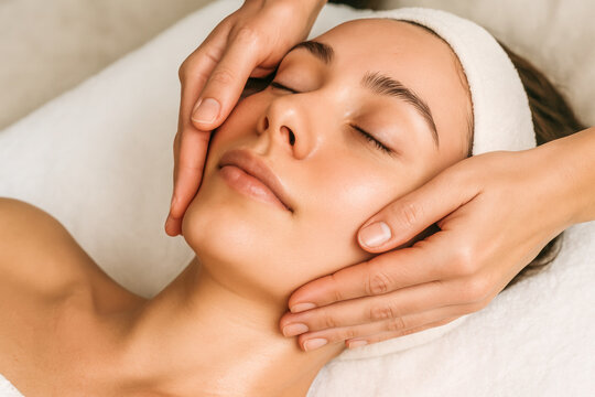 Close-up image of a woman receiving a gentle lymphatic drainage facial massage, with smooth, precise movements from the therapist&rsquo;s hands enhancing relaxation and skin rejuvenation. The soft lighting