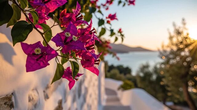 Bougainvillea Blooms: A Mediterranean Sunset Over the Aegean Sea