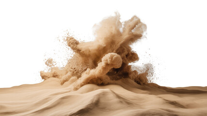 Dynamic explosion of sand and dust dramatically rising from desert dunes, isolated on a transparent background for various uses. background removed