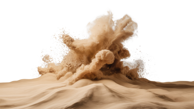 Dynamic explosion of sand and dust dramatically rising from desert dunes, isolated on a transparent background for various uses. background removed