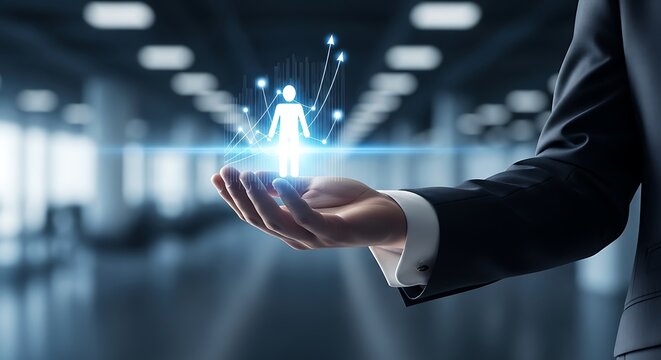 Hand holding glowing human icon with upward trending graph blue - Powered by Adobe