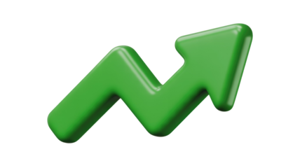 A vibrant green 3D rendered arrow indicating an upward trend and progress, suitable for business or financial graphics. background removed