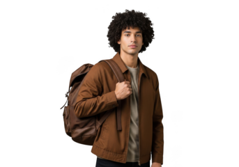 Young man with curly hair wearing a brown jacket and backpack standing confidently isolated on transparent background