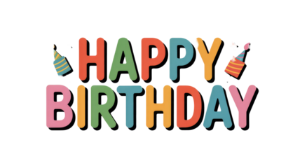 Vibrant 'HAPPY BIRTHDAY' text in colorful, playful block letters, featuring party hats and subtle confetti, ideal for any festive celebration. background removed