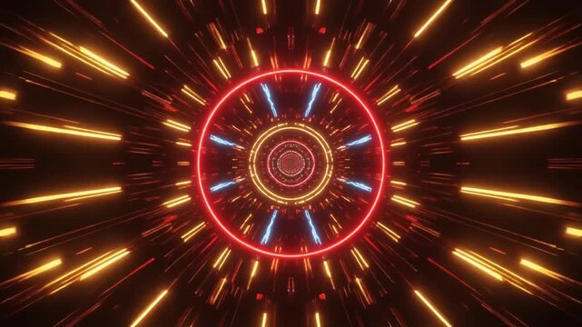 Infinite Neon Tunnel with Concentric Rings and Radial Light Streaks abstract glowing