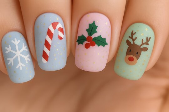 Festive holiday spirit with stylish Christmas nail art featuring candy cane, reindeer, snowflake, and holly designs for a joyful seasonal look - Powered by Adobe