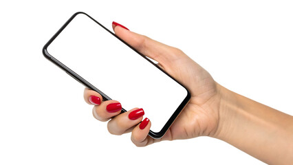 Woman's hand with red nails holding a smartphone cut out on PNG. AI GENERATED.